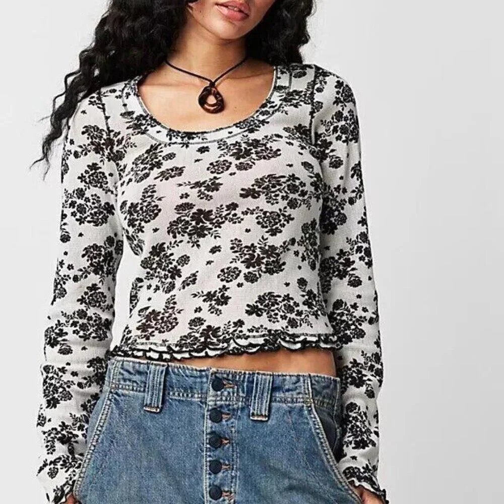 Free People Garner Long Sleeve Tee Blouse Top Cotton Printed Ruffle S New